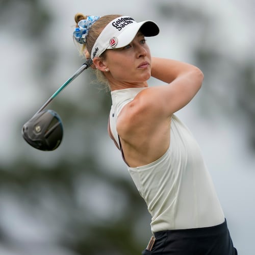 Nelly Korda hits from the fourth tee during the first round of the Chevron Championship LPGA golf tournament Thursday, April 23, 2026, in Houston. (AP Photo/Ashley Landis)
