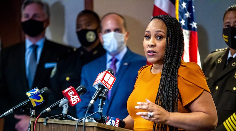 Fulton County District Attorney Fani T. Willis speaks at a press conference at the Fulton County Courthouse in Atlanta Thursday, August 5, 2021. STEVE SCHAEFER FOR THE ATLANTA JOURNAL-CONSTITUTION