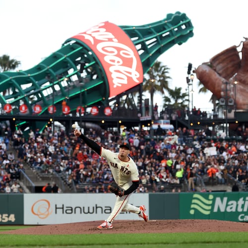 San Francisco Giants pitcher Blade Tidwell throws against the Houston Astros during the fourth inning of a baseball game in San Francisco, Monday, Aug. 10, 2026. (AP Photo/Jed Jacobsohn)