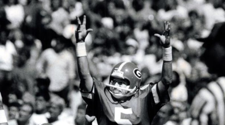 Georgia kicker Kevin Butler kicks a 51-yard field goal against Clemson in 1984. (BILLY DOWNS/AJC staff)