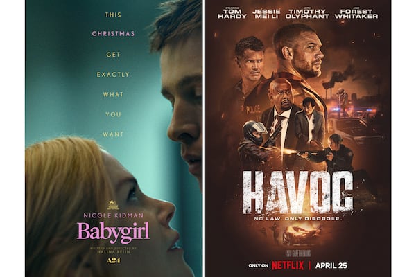 This combination of photos show promotional art for the films "Babygirl," left, and "Havoc." (A24 via AP,left, and Netflix via AP)