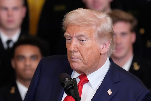President Donald Trump speaks during the Commander-in-Chief trophy presentation to the Navy Midshipman football team in the East Room of the White House, Tuesday, April 15, 2025, in Washington. (AP Photo/Alex Brandon)