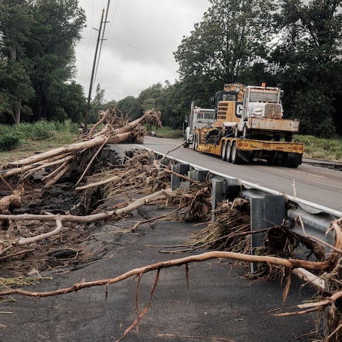 Debris is seen along Hawaiʻi Belt Road near Pahala, Hawaii, Sunday, Aug. 16, 2026, after a severe weather system went through the area. (Stephen Lam/San Francisco Chronicle via AP)