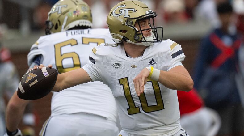 Georgia Tech quarterback Haynes King (10) throws from the pocket during the first half of a NCAA college football game against Virginia Military Institute Sunday, Sept. 14, 2024, in Atlanta,. (AP Photo/John Bazemore)