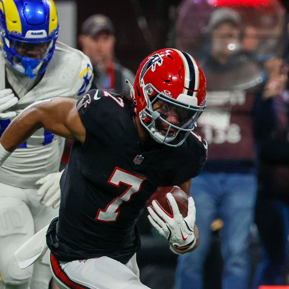 Atlanta Falcons running back Bijan Robinson runs for yards during the first half of an NFL football game against the Los Angeles Rams at Mercedes-Benz Stadium in Atlanta on Monday, Dec. 29, 2025. (Miguel Martinez/AJC)