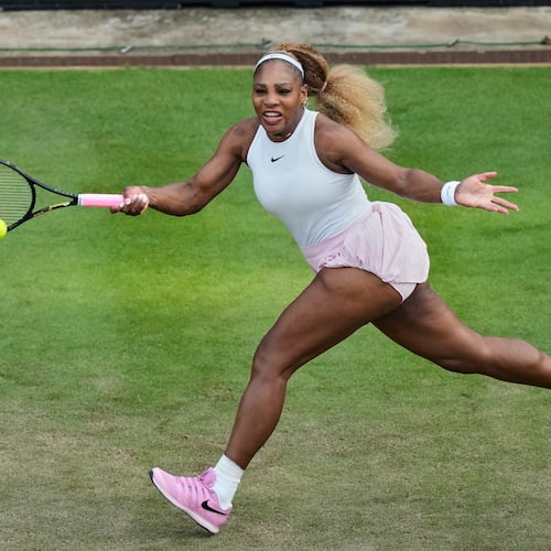 Serena Williams of the U.S. returns the ball as she and Czech Republic's Karolina Muchova play during their round of 16 doubles match against New Zealand's Erin Routliffe and Mexico's Giuliana Olmo during the WTA 500 Berlin Open tennis tournament at Steffi Graf Stadium, in Berlin, Germany, Tuesday, June 16, 2026. (AP Photo/Ebrahim Noroozi)