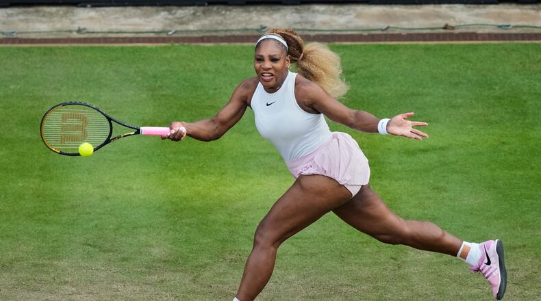 Serena Williams of the U.S. returns the ball as she and Czech Republic's Karolina Muchova play during their round of 16 doubles match against New Zealand's Erin Routliffe and Mexico's Giuliana Olmo during the WTA 500 Berlin Open tennis tournament at Steffi Graf Stadium, in Berlin, Germany, Tuesday, June 16, 2026. (AP Photo/Ebrahim Noroozi)