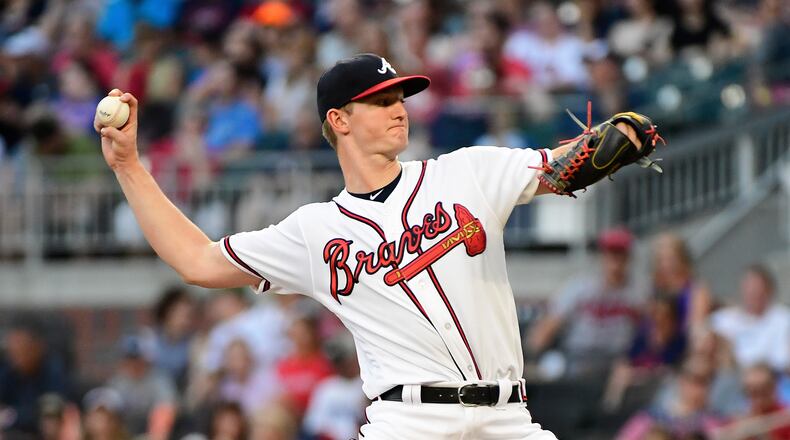 Mike Soroka pitches in the first inning against the Miami Marlins at SunTrust Park on Aug. 22, 2019 .