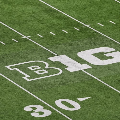 FILE - The Big Ten logo is seen on the field at Husky Stadium during an NCAA college football game, Oct. 25, 2025, in Seattle. (AP Photo/Lindsey Wasson, File)