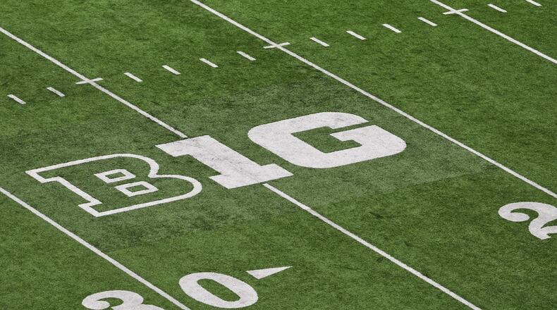 FILE - The Big Ten logo is seen on the field at Husky Stadium during an NCAA college football game, Oct. 25, 2025, in Seattle. (AP Photo/Lindsey Wasson, File)