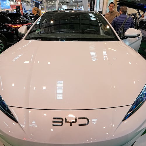 FILE - A BYD electric car is on display at the Essen Motor Show in Essen, Germany, Thursday Dec. 4, 2025. (AP Photo/Martin Meissner, File)