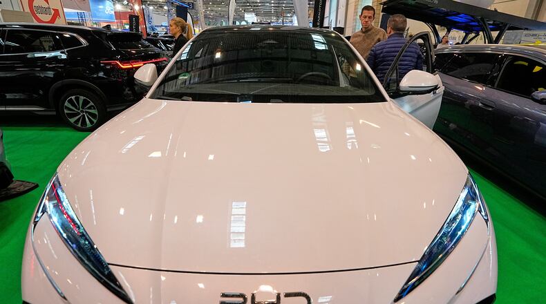 FILE - A BYD electric car is on display at the Essen Motor Show in Essen, Germany, Thursday Dec. 4, 2025. (AP Photo/Martin Meissner, File)