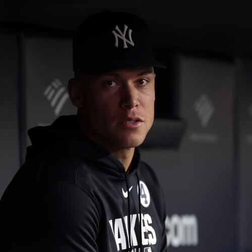 New York Yankees right fielder Aaron Judge (99) looks on from the dugout during the seventh inning of a baseball game against the Cleveland Guardians, Tuesday, June 2, 2026, in New York. (AP Photo/Adam Hunger)