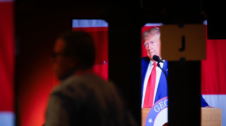 Former President Donald Trump speaks at the Georgia GOP convention in Columbus on Saturday, June 10, 2023. (Arvin Temkar / arvin.temkar@ajc.com)