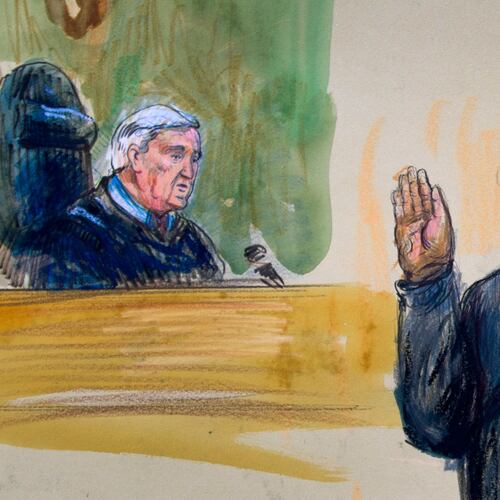 This June 28, 2014, artist's rendering shows United States Magistrate, Judge John Facciola, swearing in the defendant, Libyan militant Ahmed Abu Khatallah, wearing a headphone, as his attorney Michelle Peterson watches during a hearing at the federal U.S. District Court in Washington. (AP Photo/Dana Verkouteren)