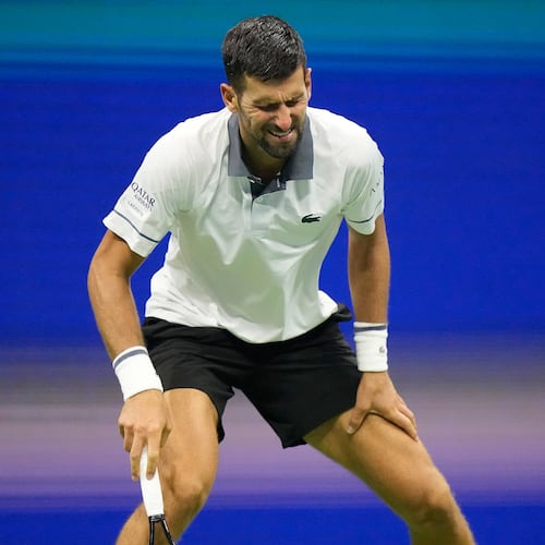 Novak Djokovic, of Serbia, reacts during the first round of the U.S. Open tennis championships against Mariano Navone, of Argentina, Sunday, Aug. 30, 2026, in New York. (AP Photo/Frank Franklin II)
