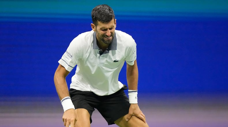 Novak Djokovic, of Serbia, reacts during the first round of the U.S. Open tennis championships against Mariano Navone, of Argentina, Sunday, Aug. 30, 2026, in New York. (AP Photo/Frank Franklin II)