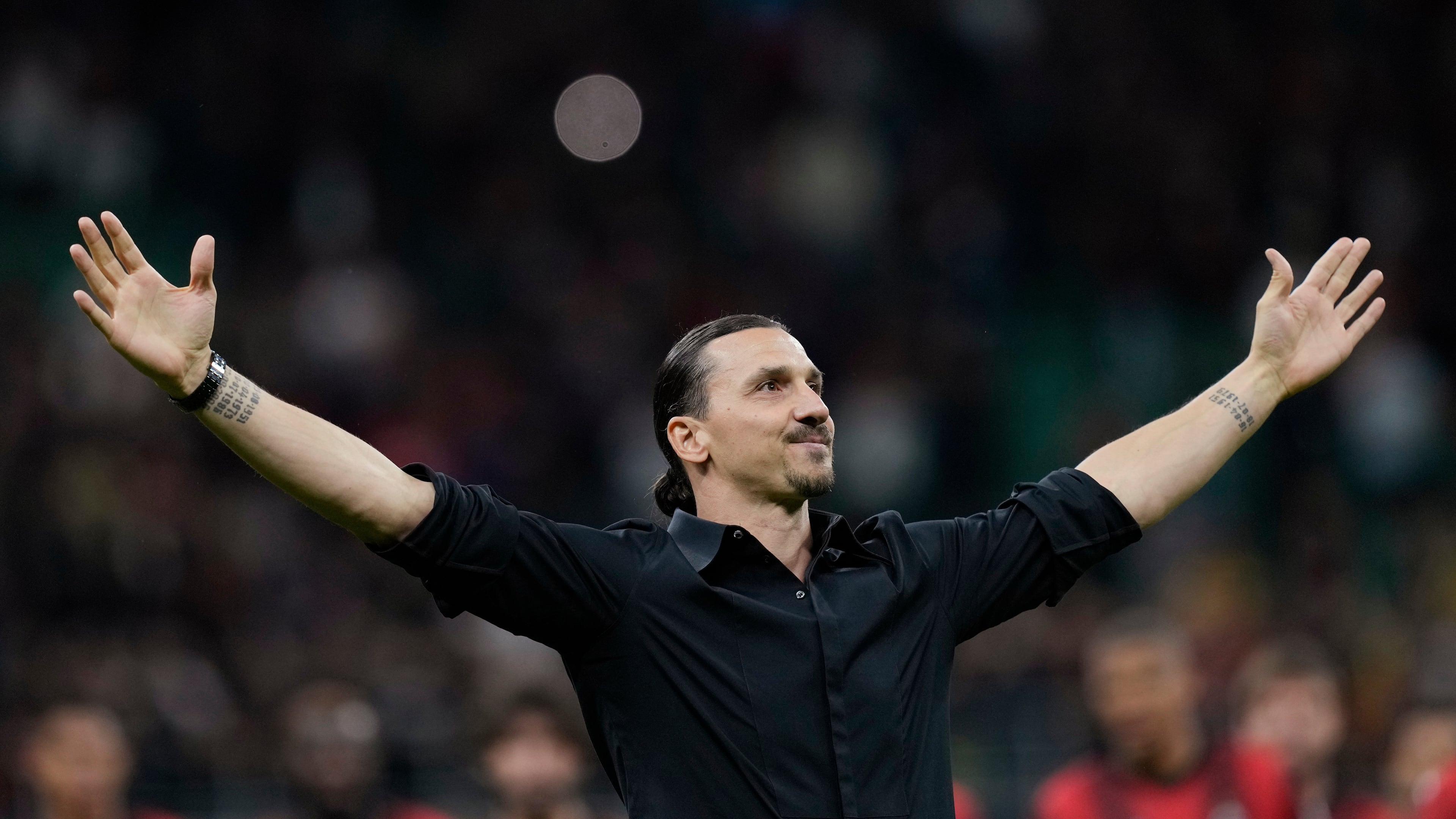 FILE = AC Milan's Zlatan Ibrahimovic reacts after his last game for the club at the end of a Serie A soccer match between AC Milan and Hellas Verona at the San Siro stadium in Milan, Italy, on June 4, 2023. (AP Photo/Antonio Calanni, File)