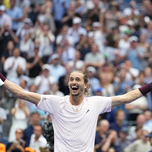 Alexander Zverev, of Germany, celebrates after he won the men's singles final of the U.S. Open tennis championships against Ben Shelton, of the United States, Sunday, Sept. 13, 2026, in New York. (AP Photo/Kirsty Wigglesworth)