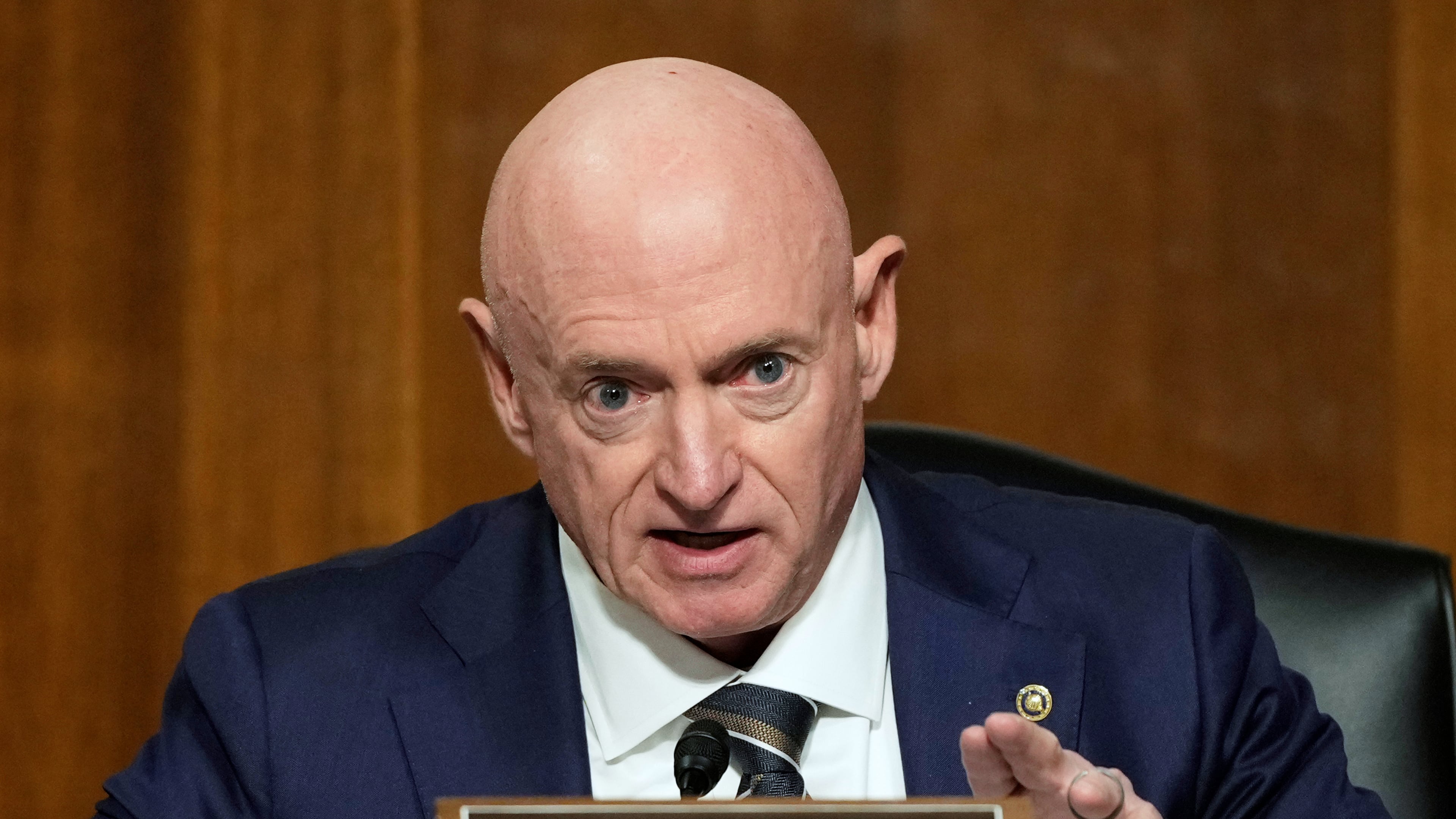 FILE - Sen. Mark Kelly, D-Ariz., speaks during the Senate Armed Services Committee confirmation hearing for Pete Hegseth, President-elect Donald Trump's choice to be Defense secretary, at the Capitol in Washington, Tuesday, Jan. 14, 2025. (AP Photo/Ben Curtis, file)