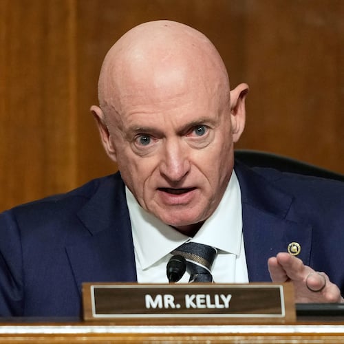 FILE - Sen. Mark Kelly, D-Ariz., speaks during the Senate Armed Services Committee confirmation hearing for Pete Hegseth, President-elect Donald Trump's choice to be Defense secretary, at the Capitol in Washington, Tuesday, Jan. 14, 2025. (AP Photo/Ben Curtis, file)