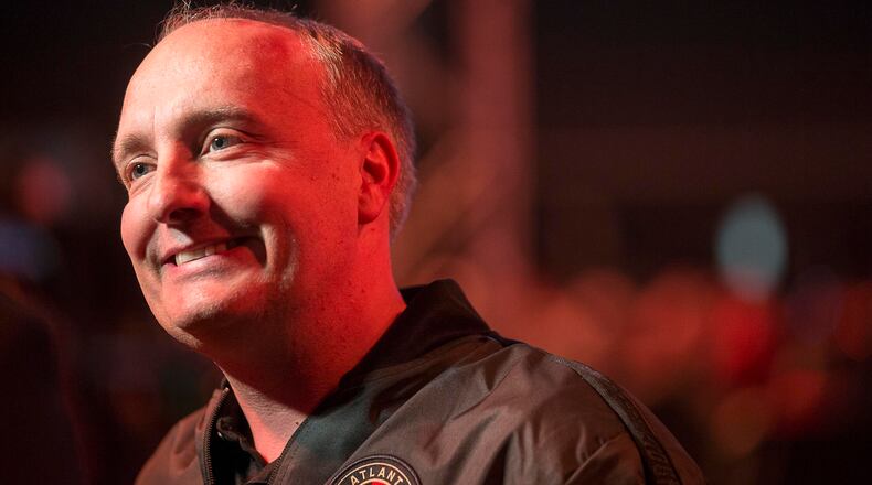 Atlanta United President Darren Eales is interviewed before the start of an Atlanta United uniform unveiling ceremony at Mercedes-Benz Stadium in Atlanta, Friday, February 15, 2019. (ALYSSA POINTER/ALYSSA.POINTER@AJC.COM)