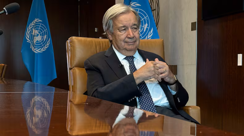 The United Nations Secretary-General Antonio Guterres speaks during an interview with The Associated Press at the United Nations headquarters, Thursday, Sept. 17, 2026. (AP Photo/David R Martin)