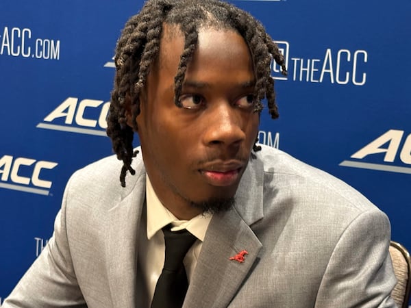 SMU quarterback Kevin Jennings speaks at the Atlantic Coast Conference NCAA college football media days, Tuesday, July 22, 2025, in Charlotte, N.C. (AP Photo/Steve Reed)
