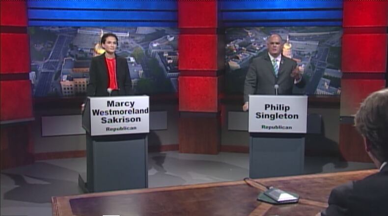 Marcy Westmoreland Sakrisan and Philip Singleton, both Republicans, participate in a debate in Newnan ahead of their runoff election in state House District 71 on Oct. 1. Singleton denies that he tried to run for Congress last year as a Democrat or as an independent. (Screenshot)