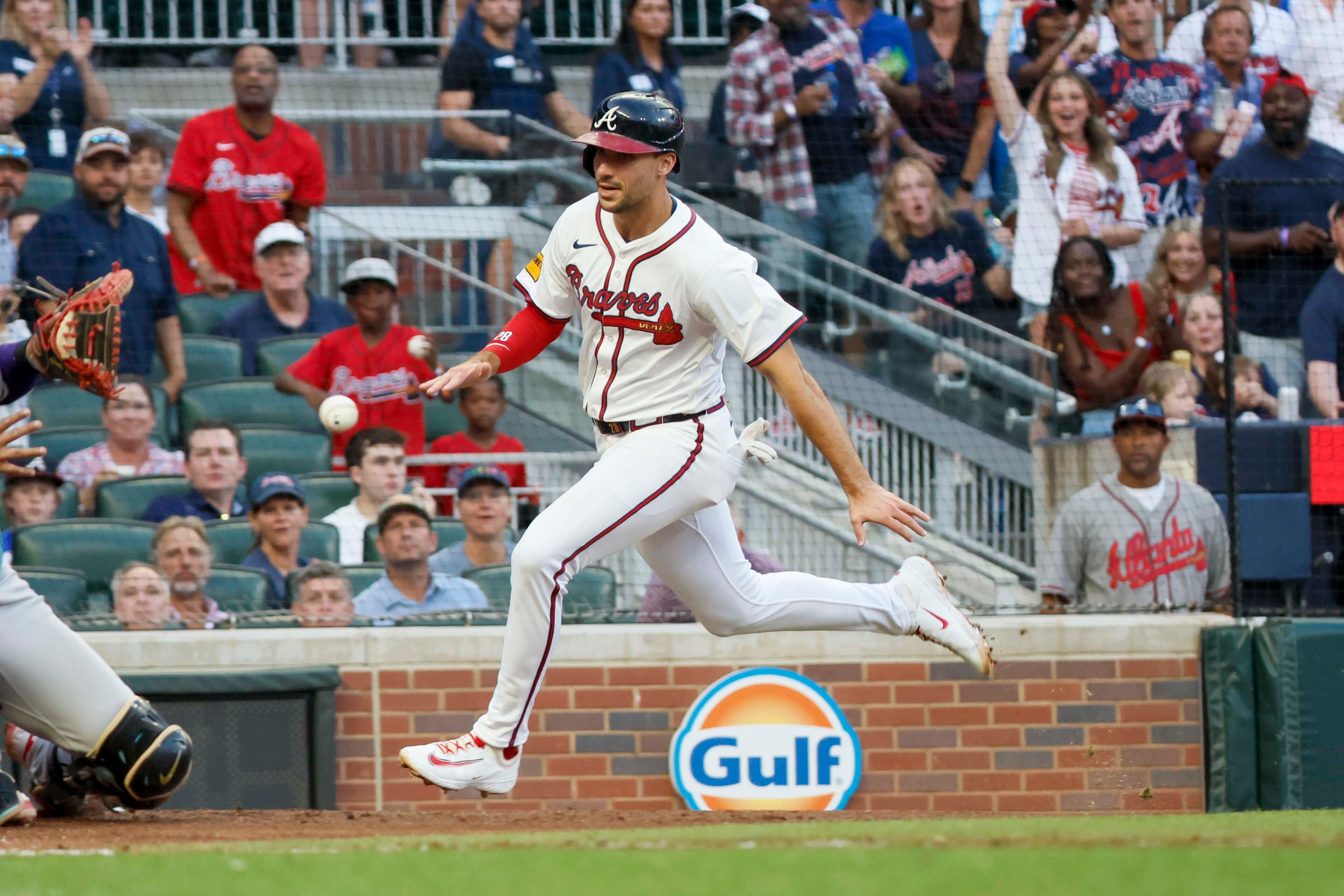 Atlanta Braves first baseman Matt Olson (28) beats the ball to score his team’s second run during the fourth inning against the Arizona Diamondbacks at Truist Park on Tuesday, June 3, 2025, in Atlanta.
(Miguel Martinez/ AJC)