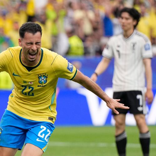 Brazil's Gabriel Martinelli (22) celebrates after scoring his side's second goal during the World Cup round of 32 soccer match between Brazil and Japan in Houston, Monday, June 29, 2026. (AP Photo/Ashley Landis)