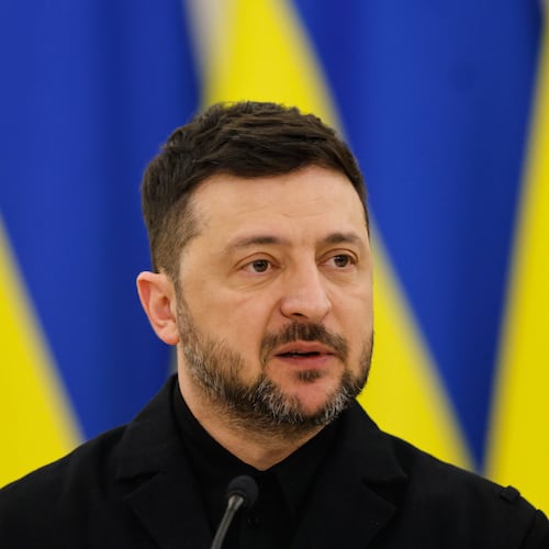 Ukrainian President Volodymyr Zelenskyy speaks during a joint press conference with Lithuania's President Gitanas Nauseda and Polish President Karol Nawrocki, at the Presidential palace in Vilnius, Lithuania, Sunday, Jan. 25, 2026. (AP Photo/Mindaugas Kulbis)