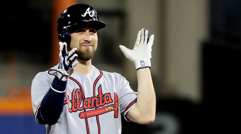 NEW YORK, NY - SEPTEMBER 26: Ender Inciarte #11 of the Atlanta Braves reacts after hitting a lead off double against the New York Mets on September 26, 2017 at Citi Field in Flushing neighborhood of the Queens borough of New York City. (Photo by Abbie Parr/Getty Images)