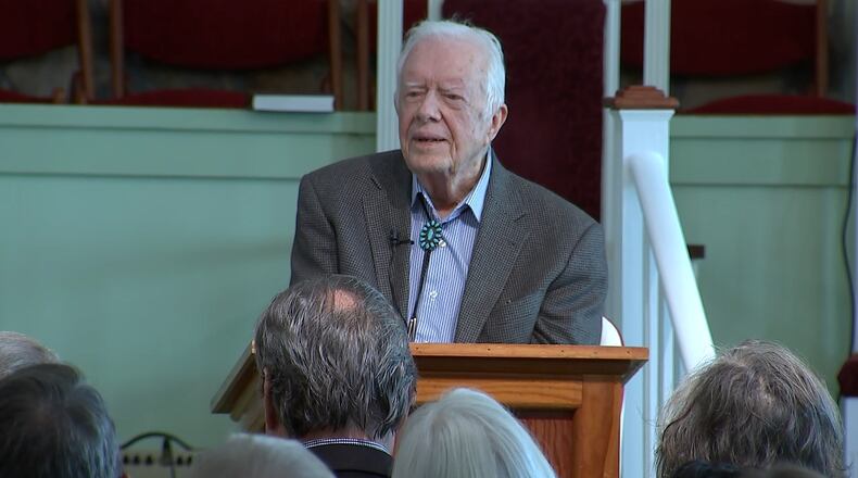 In this still image from the livestream broadcast from Maranatha Baptist Church in Plains, former President Jimmy Carter is shown teaching Sunday school at his hometown church on Sunday, November 3, 2019. (Photo courtesy of Channel 2 Action News)