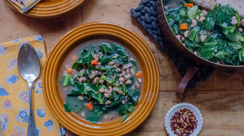 Black-Eyed Peas and Collard Greens Soup is hearty and healthy, perfect for New Year’s Day and all winter long. (Virginia Willis for The Atlanta Journal-Constitution)