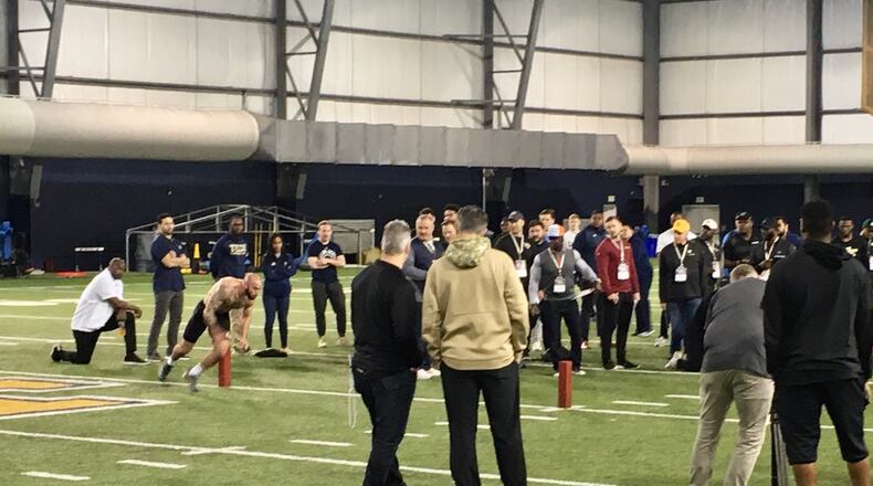 Georgia Tech's Nathan Cottrell runs the 3-cone drill at the team's annual pro day March 11, 2020. (AJC photo by Ken Sugiura)