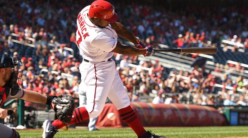 WASHINGTON, DC - SEPTEMBER 15: Howie Kendrick #47 of the Washington Nationals singles in two runs in the their inning during a baseball game against the Atlanta Braves at Nationals Park on September 15, 2019 in Washington, DC. (Photo by Mitchell Layton/Getty Images)