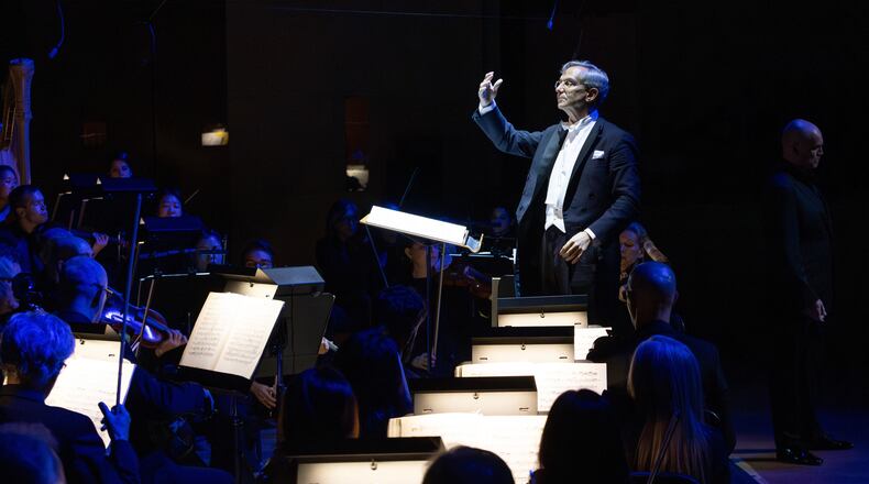 This image released by the Dallas Symphony Orchestra shows Fabio Luisi conducting "Götterdämmerung" at the Morton H. Meyerson Symphony Center in Dallas on Oct 8, 2024. (Sylvia Elzafon/Dallas Symphony Orchestra via AP)