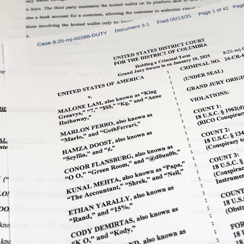 This Justice Department grand jury superseding indictment against Malone Lam and his co-defendants is photographed Friday, Sept. 4, 2026. (AP Photo/Jon Elswick)