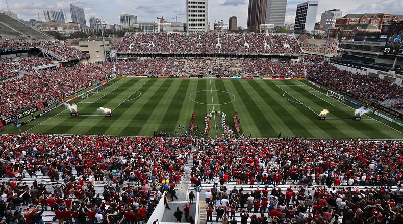 Atlanta United fans fill a sold out Bobby Dodd Stadium for their game against the Chicago Fire on Saturday, March 18, 2017, in Atlanta. Curtis Compton/ccompton@ajc.com