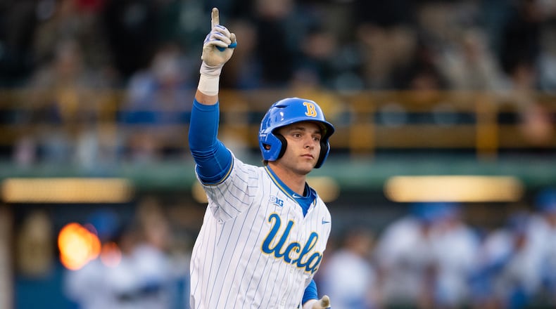 FILE - UCLA's Roch Cholowsky reacts after hitting a home run during an NCAA baseball game against Texas Christian, Feb. 20, 2025, in Los Angeles. (AP Photo/Kyusung Gong, File)