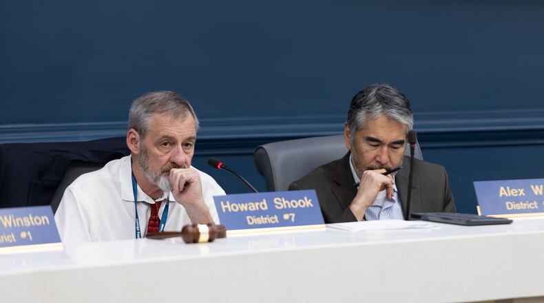 Councilmembers Howard Shook and Alex Wan listen to a presentation during a committee meeting concerning the proposed Atlanta Public Safety Training Center at Atlanta City Hall in Atlanta, GA., on Wednesday, January 17, 2024. (Photo/Jenn Finch)