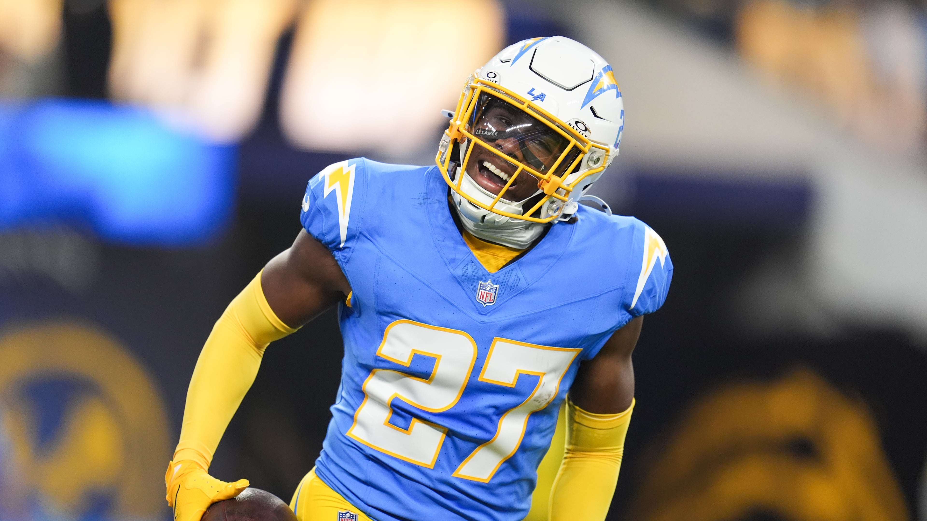 Los Angeles Chargers safety RJ Mickens (27) celebrates his interception during the first half of an NFL football game against the Pittsburgh Steelers Sunday, Nov. 9, 2025, in Inglewood, Calif. (AP Photo/Marcio Jose Sanchez)
