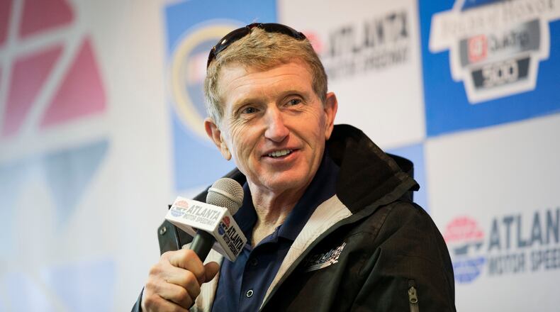 Bill Elliott talks during a media availability at the Atlanta Motor Speedway track Monday, Feb. 15, 2016, in Hampton, Ga., where the Elliott Grandstand are named in his honor.
