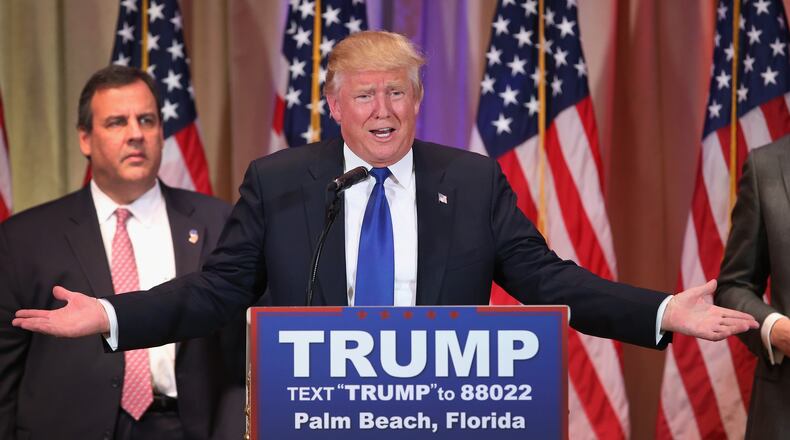 PALM BEACH, FL - MARCH 01: Republican Presidential frontrunner Donald Trump speaks to the media at the Mar-A-Lago Club on March 1, 2016 in Palm Beach, Florida. Trump held the press conference after the closing of Super Tuesday polls in a dozen states. (Photo by John Moore/Getty Images)