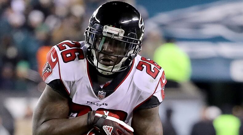 Terrence Magee of the Atlanta Falcons runs with the ball in the second half against the Philadelphia Eagles during the NFC Divisional Playoff game game at Lincoln Financial Field on January 13, 2018 in Philadelphia, Pennsylvania. (Photo by Abbie Parr/Getty Images)