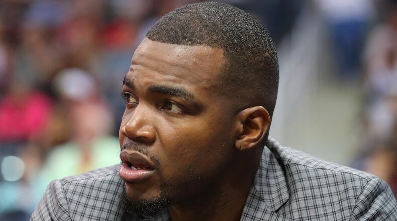 Injured Atlanta Hawks forward Paul Millsap, missing his fifth consecutive game, watches from the bench as his team falls to the Brooklyn Nets 107-92 for their seventh consecutive loss in a NBA basketball game on Sunday, March 26, 2017, in Atlanta. Curtis Compton/ccompton@ajc.com
