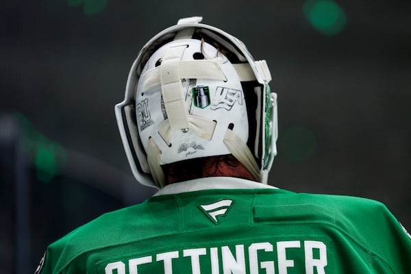 Dallas Stars goaltender Jake Oettinger (29) skates between periods during a first-round NHL hockey playoff game against the Colorado Avalanche in Dallas, Saturday, April 19, 2025. (AP Photo/Gareth Patterson)