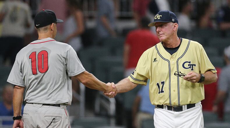 May 9, 2017, Atlanta: Georgia Tech head coach Danny Hall congratulates Georgia head coach Scott Stricklin on a 8-7 victory in the Spring Classic during a NCAA college baseball game at SunTrust Park on Tuesday, May 9, 2017, in Atlanta.    Curtis Compton/ccompton@ajc.com