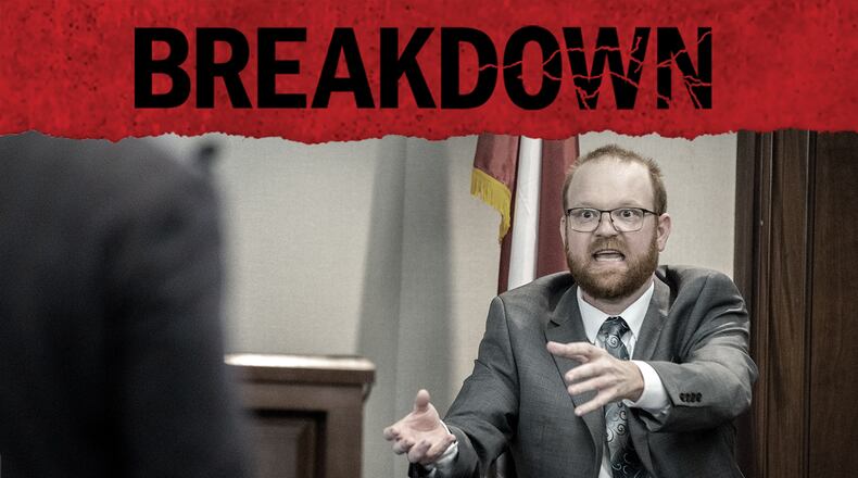 Travis McMichael speaks from the witness stand during his trial Wednesday, Nov. 17, 2021, in Brunswick, Ga. The 17th episode of the AJC's "Breakdown" podcast recounts a dramatic week in the trial of the three men accused of killing Ahmaud Arbery. (Stephen B. Morton / AP)